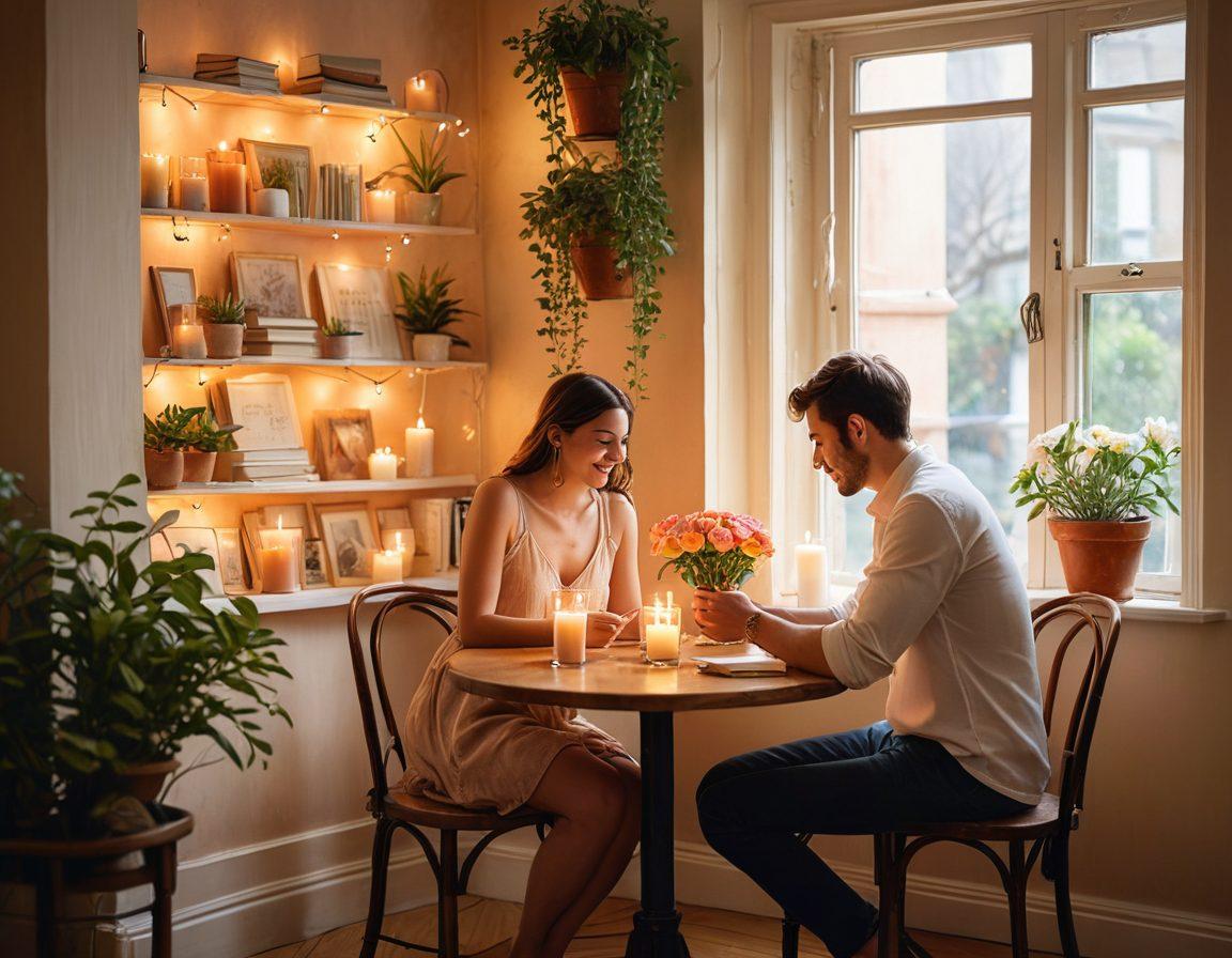 A warmly lit, intimate scene of a couple sharing a moment in a cozy cafe, surrounded by soft, romantic decor like fairy lights and candles. Include elements of nature, such as potted plants and flowers on the table, symbolizing growth in their relationship. The couple should be engaged in deep conversation, showcasing connection and affection, while diverse elements (such as books on relationships or a couple's activity) hint at modern strategies for romance. watercolor style. warm tones. soft focus.