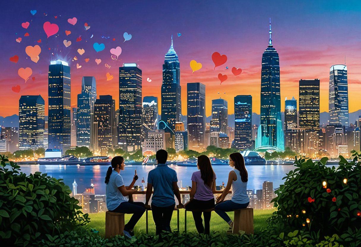A modern city skyline intertwined with symbols of love such as hearts, Wi-Fi signals, and chat bubbles, representing online connections and relationships. In the foreground, diverse couples engaging in meaningful conversations, surrounded by lush greenery. The image conveys warmth and connection in a digital age. vibrant colors. super-realistic.