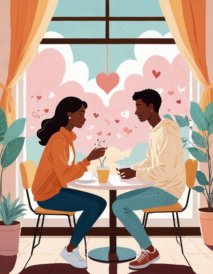A whimsical digital illustration capturing the journey from friendship to love, featuring two characters sitting together at a cozy coffee shop, surrounded by hearts and social media icons, symbolizing online connection. Their expressions reflect joy and anticipation as they look at each other, with a sunny outdoor view in the background. Soft pastel colors create a warm, inviting atmosphere. vector art. vibrant colors.